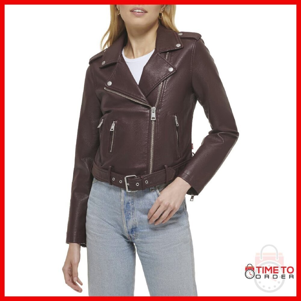 Faux Leather Moto Jacket with Belt, Asymmetrical Zipper, Regular & Plus Sizes